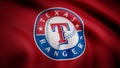 USA - NEW YORK, 12 August 2018: Waving flag with Texas Rangers professional team logo. Close-up of waving flag with Royalty Free Stock Photo