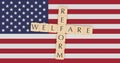 USA News Concept: Letter Tiles Welfare Reform On US Flag, 3d illustration Royalty Free Stock Photo