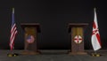 USA and Northern Ireland flag. USA and Northern Ireland negotiations. Rostrum for speeches. 3D work and 3D image