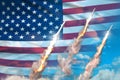 Modern strategic rocket forces concept on blue sky background, USA ballistic missile attack - military industrial 3D illustration