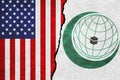 USA and OIC painted flags on a wall with a crack. United States of America and Organisation of Islamic Cooperation relations