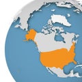 USA orange highlighted on Earth globe. 3D world map with grey political map of countries dropping shadows on blue seas Royalty Free Stock Photo