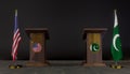 USA and Pakistan flag. USA and Pakistan negotiations. Rostrum for speeches. 3D work and 3D image Royalty Free Stock Photo