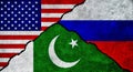 USA, Pakistan, and Russia flag together on a textured wall. Royalty Free Stock Photo