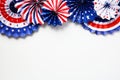 USA paper fans decorations on white background. Independence Day, Labor Day, Columbus Day celebration banner design. Flat lay, top