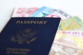 USA passport and international currencies Royalty Free Stock Photo