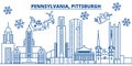 USA, Pennsylvania , Pittsburgh winter city skyline. Merry Christmas and Happy New Year decorated banner.Winter greeting