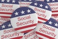 USA Politics News Badges: Pile of Social Security Buttons With US Flag