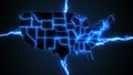 USA Power Grid  - glowing blue electrical energy surrounding map of the United States of America Royalty Free Stock Photo