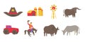 USA Ranch icons set. Agriculture farm. Cowboy. American bison and a cow. Farming in America. Flat vector. Royalty Free Stock Photo