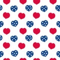 USA red and blue hearts and stars, on white background Independence Day, 4th of July seamless pattern, USA flag vector