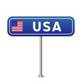 Usa road sign. National flag with country name on blue road traffic signs board design vector illustration Royalty Free Stock Photo