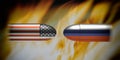 USA and Russia conflict concept. Russian and American flags on bullets, fire flames background