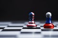 USA and Russia flag print screen on pawn chess with black background.It is symbol of tariff trade war tax barrier . Royalty Free Stock Photo