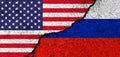 USA and Russia. Flags painted on cracked concrete wall. United States, America. Partnership, relationships and conflict Royalty Free Stock Photo