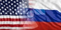 USA and Russia nuclear threat. Radiation symbol on America and Russian flags background. 3d illustration