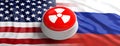 USA and Russia nuclear threat. Red button on America and Russian flags background, banner. 3d illustration