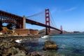 USA San Francisco June 2018: Photo of the attractions of the Golden Gate Bridge near the water with waves