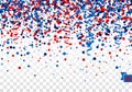 USA seamless festive design background concept with scatter circles, stars, serpentine in national American colors - red, white,