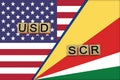 USA and Seychelles currencies codes on national flags background