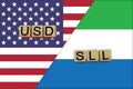 USA and Sierra Leone currencies codes on national flags background