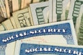 USA Social security cards laid on dollar bills Royalty Free Stock Photo