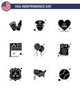 9 USA Solid Glyph Pack of Independence Day Signs and Symbols of american; bloons; american; bloon; flag