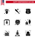 9 USA Solid Glyph Pack of Independence Day Signs and Symbols of shield; church bell; sheild; christmas bell; alert