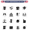 16 USA Solid Glyph Pack of Independence Day Signs and Symbols of wine; state; tea; eagle; animal