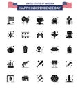 Pack of 25 USA Independence Day Celebration Solid Glyph Signs and 4th July Symbols such as badge; cross; tea; american; mine