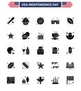 25 USA Solid Glyph Signs Independence Day Celebration Symbols of ball; imerican; cake; glasses; flag