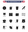 16 USA Solid Glyph Signs Independence Day Celebration Symbols of director; usa; fastfood; sports; baseball