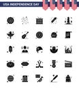 25 USA Solid Glyph Signs Independence Day Celebration Symbols of monument; holiday; drum; fireworks; celebration