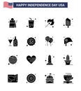 16 USA Solid Glyph Signs Independence Day Celebration Symbols of wine; ice cream; camping; food; cold