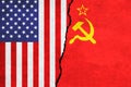 USA and Soviet Union painted flags on a wall with a crack. United States of America and Soviet Union relations Royalty Free Stock Photo