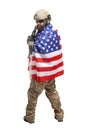 USA special forces in military equipment and with weapons standing on a white background, American soldier with the flag of Royalty Free Stock Photo