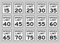 USA speed limit road sign set fro 15 to 85 mph Royalty Free Stock Photo