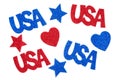 USA text with glitter red and blue hearts Royalty Free Stock Photo