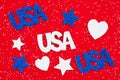 USA text with glitter red and white hearts Royalty Free Stock Photo
