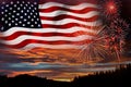 USA 4th of july independence day background of american flag with fireworks, Celebration Concept