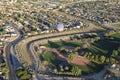 USA-themed hot air balloon over a little league baseball park in Albuquerque City, New Mexico