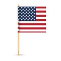 USA toothpick flag isolated on wood stick with white paper. Realistic little tooth pick for lunch. Vector cocktail
