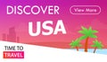 USA Tour banner, Time to travel - placard in pink color for advertising of Trip to United States of America