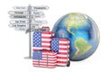 USA travel concept. Suitcases with US flag, signpost and Earth g