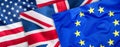 USA UK and EU flags. Collage of three flags. Flags of EU UK and USA together Royalty Free Stock Photo
