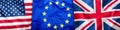 USA UK and EU flags. Collage of three flags. Flags of EU UK and USA together Royalty Free Stock Photo
