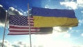 USA and Ukraine flags. USA and Ukraine flags waving in wind. USA and Ukraine diplomatic concept, blue sky background. 3d Royalty Free Stock Photo