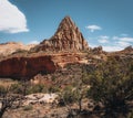 USA, Utah, Capitol Reef National Park. The Castle rock formation and Fremont River. Beautiful Pectols Pyramid from the Royalty Free Stock Photo