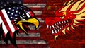 USA versus China, the American eagle and the Chinese dragon, with the flags of both countries in the background