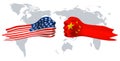 USA versus China, fist flag on world map background.